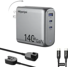 Rwd140c Hkyoriyoi 140w Usb C Charger Pd3.1 Gan 3 Port Power Adapter With 5ft Detachable Grey