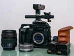 Panasonic GH5 Filmmaker Kit W/ 2 Lenses, 4 Batteries, Cage, & Accessories. Fixed Price $1250.00.
